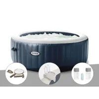 kit spa gonflable intex purespa blue navy rond bulles 4 places + kit d'entretien + porte-verre + kit traitement brome