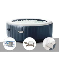 kit spa gonflable intex purespa blue navy rond bulles 4 places + 6 filtres + kit d'entretien + porte-verre