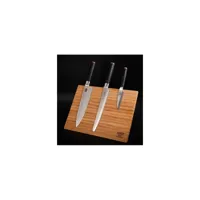 le set essentiel plus : 3 couteaux dont couteau d'office, gyuto, couteau à pain et porte-couteaux, fusil à aiguiser - kotai - bambou