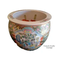 vintage grande cache-pot de la famille rose chinoise avec brin bois koi peint à main, personnages chinois traditionnels, art asiatique