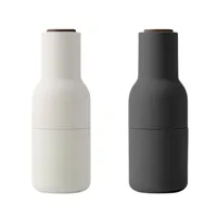 audo - set de 2 moulins bottle grinder couvercle noyer - frêne/carbone/avec couvercle en noyer/h 20,5cm / ø 8cm