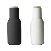 audo - set de 2 moulins bottle grinder couvercle frêne - noir et blanc/avec couvercle en frêne/h 20,5cm / ø 8cm