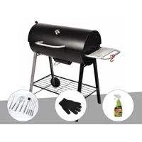 barbecue à charbon sur chariot michigan - somagic + malette de 8 accessoires inox + gant de protection + dégraissant pour barbecue