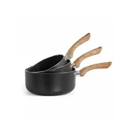kit de 3 casseroles livoo mep115 - aspect pierre & bois dimension 16, 18, 20 cm en aluminium coloris noir