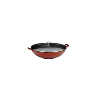 ustensile de cuisine wadiga grand wok en fonte émaillé rouge avec couvercle en verre