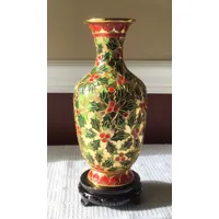 vase cloisonné chinois vintage avec base en bois, motif holly berry, 9 de haut
